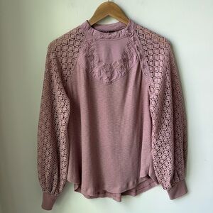 Free People Sweetest Thing Thermal Top Lace Sleeve Embroidery Feminine Size M